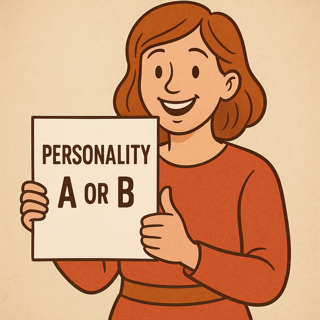 Woman holding a note asking 'Personality A or B?' - Type A vs Type B personality quiz
