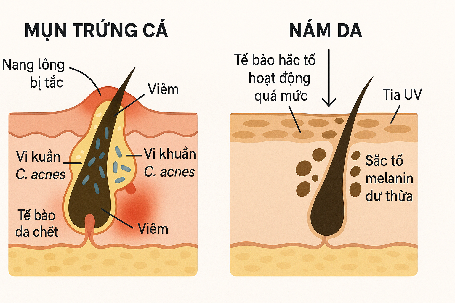 co-che-hinh-thanh-mun-nam_ksyja7.png Sơ đồ y khoa giải thích cơ chế hình thành mụn và nám trên da.