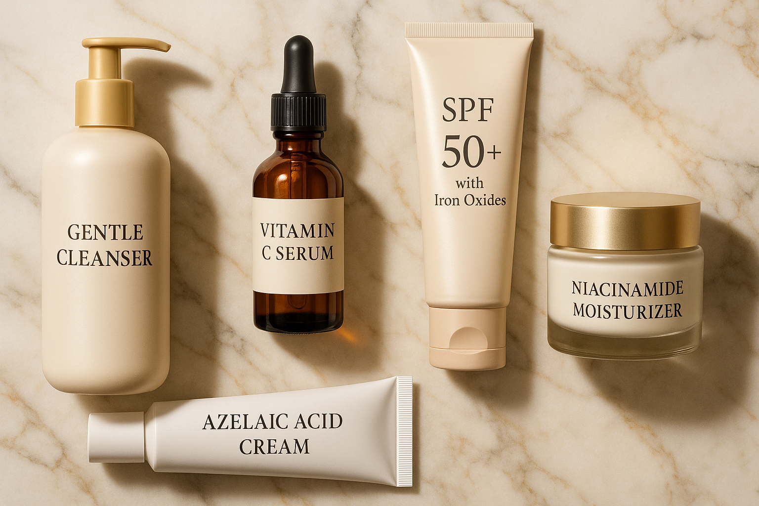 phac-do-cham-soc-da-nam-anh-my-clinic_be4w3s.png Phác đồ chăm sóc da nám khoa học với Vitamin C, Azelaic Acid và kem chống nắng có màu.
