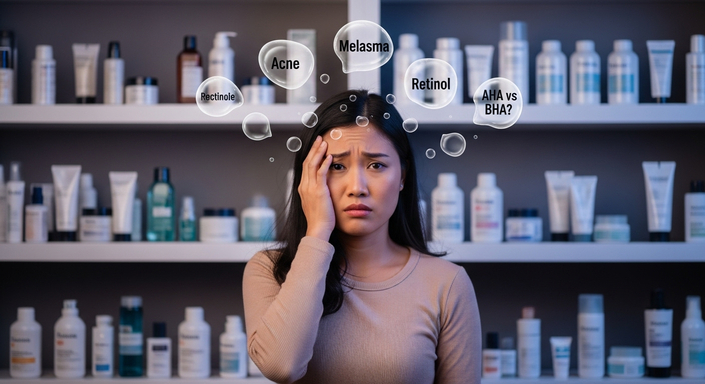why-skincare-is-complicated_wprecx.png A confused user overwhelmed by information about acne and melasma skincare