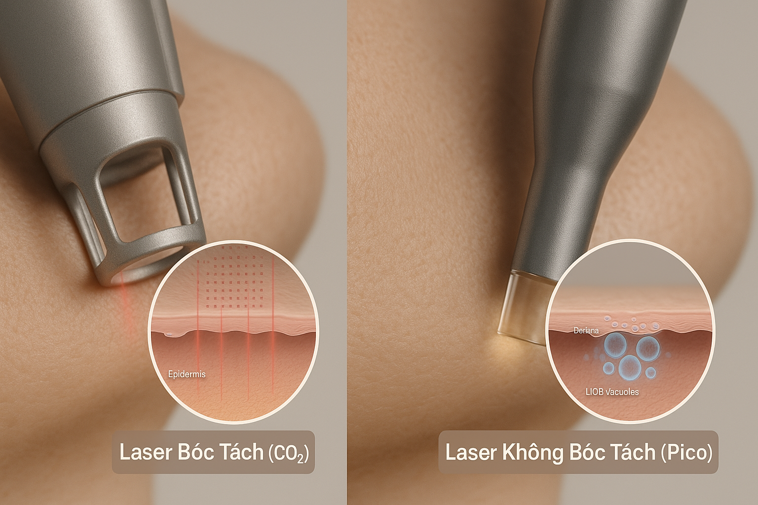 So sánh cơ chế hoạt động của laser bóc tách CO₂ và laser không bóc tách Picosecond trong trẻ hóa da. 