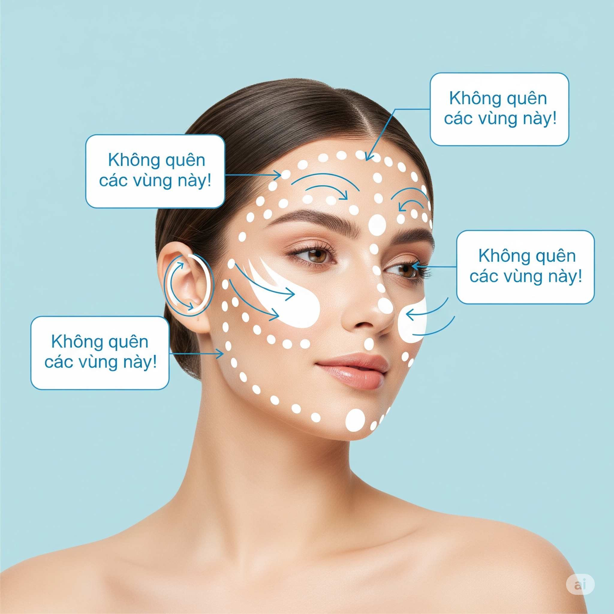 Kỹ thuật chấm điểm và vỗ nhẹ giúp thoa kem chống nắng đều khắp mặt, đừng quên các vùng dễ bỏ sót như tai và mí mắt.