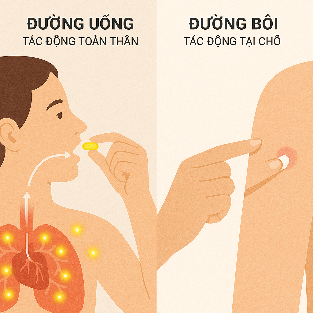 So sánh hiệu quả giữa Vitamin D uống hay bôi để trị mụn, trong đó đường uống cho thấy ưu thế vượt trội.
