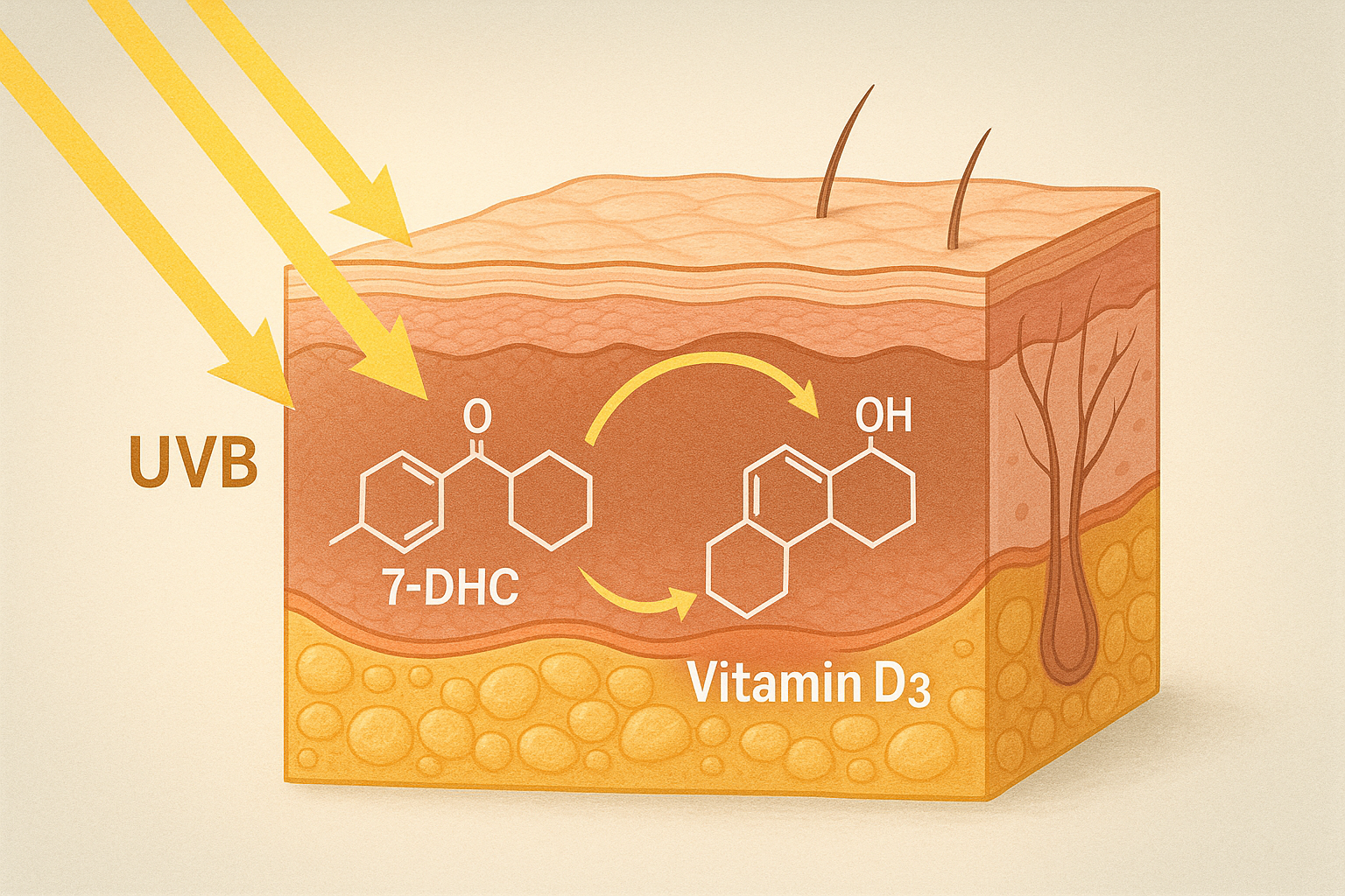 Dưới tác động của tia UVB, tiền chất 7-dehydrocholesterol trên da được chuyển hóa thành vitamin D3, khởi đầu cho quá trình tổng hợp vitamin D tự nhiên của cơ thể.