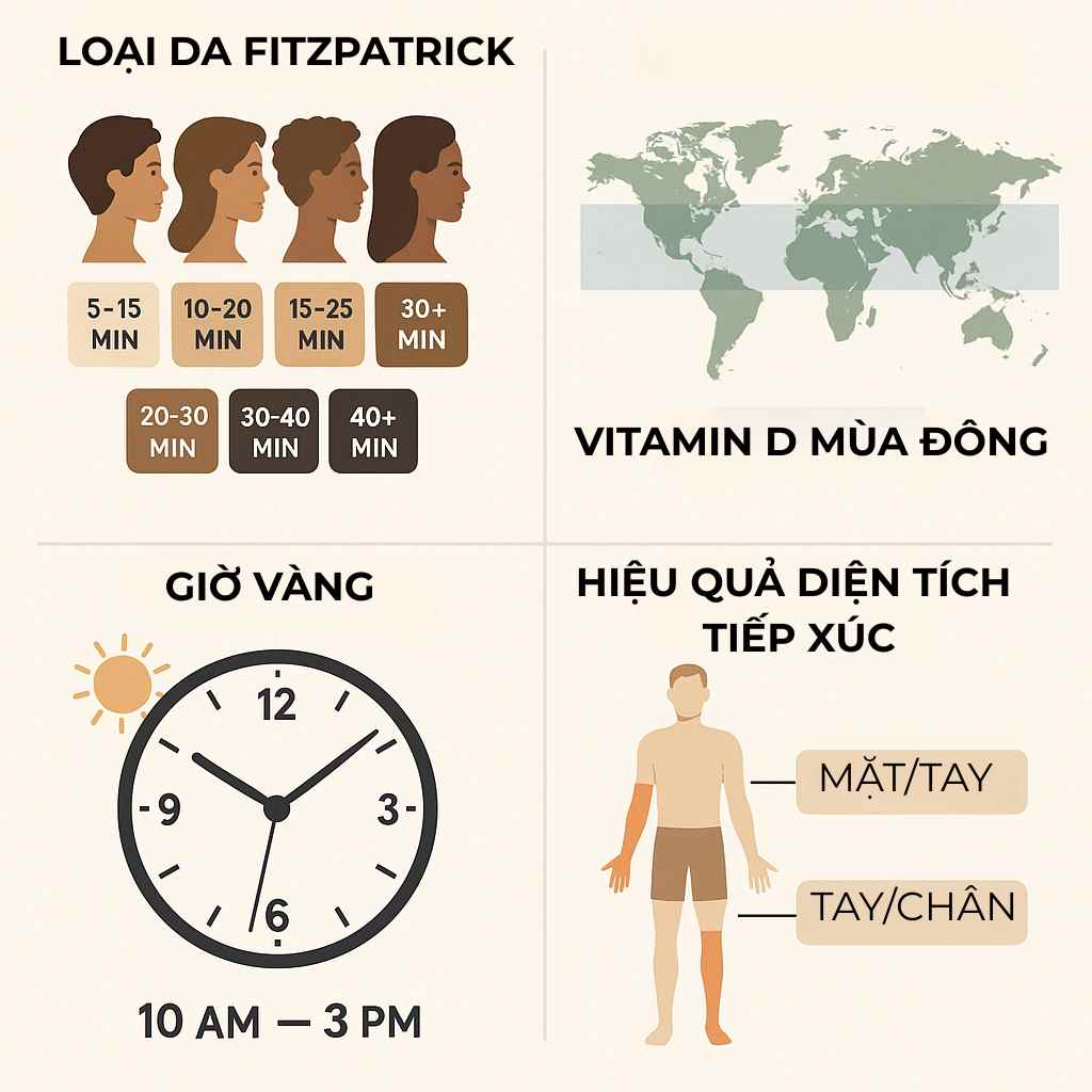 Thời gian phơi nắng để tổng hợp vitamin D cần được điều chỉnh dựa trên 4 yếu tố chính: loại da, vị trí địa lý, mùa trong năm và diện tích da tiếp xúc.
