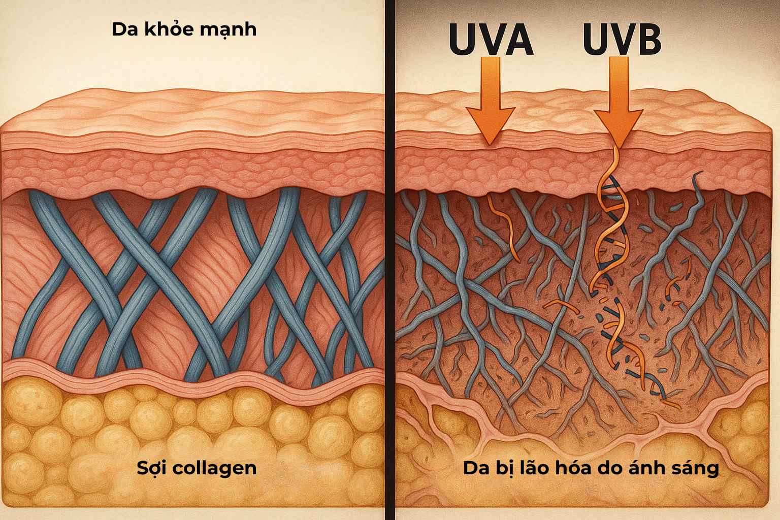 Tia UVA phá hủy collagen gây lão hóa da, trong khi tia UVB gây tổn thương DNA trực tiếp, dẫn đến nguy cơ ung thư da.