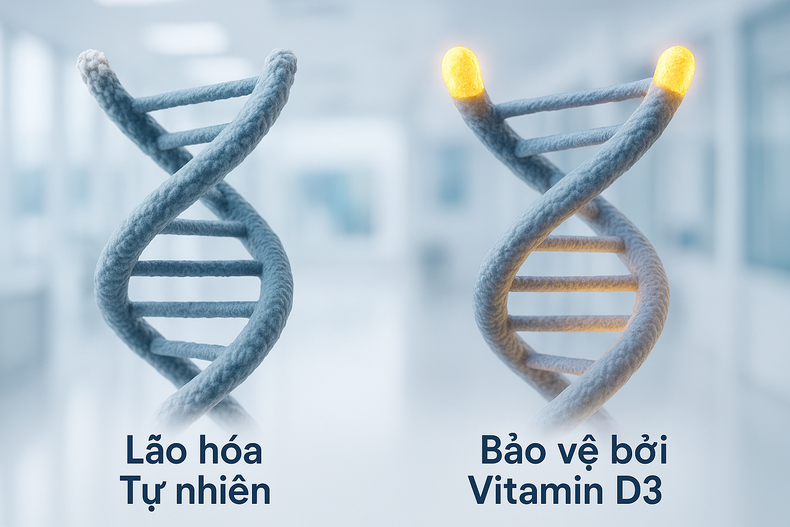 Hình minh hoạ cơ chế vitamin D3 bảo vệ chiều dài telomere, giúp làm chậm lão hóa sinh học.