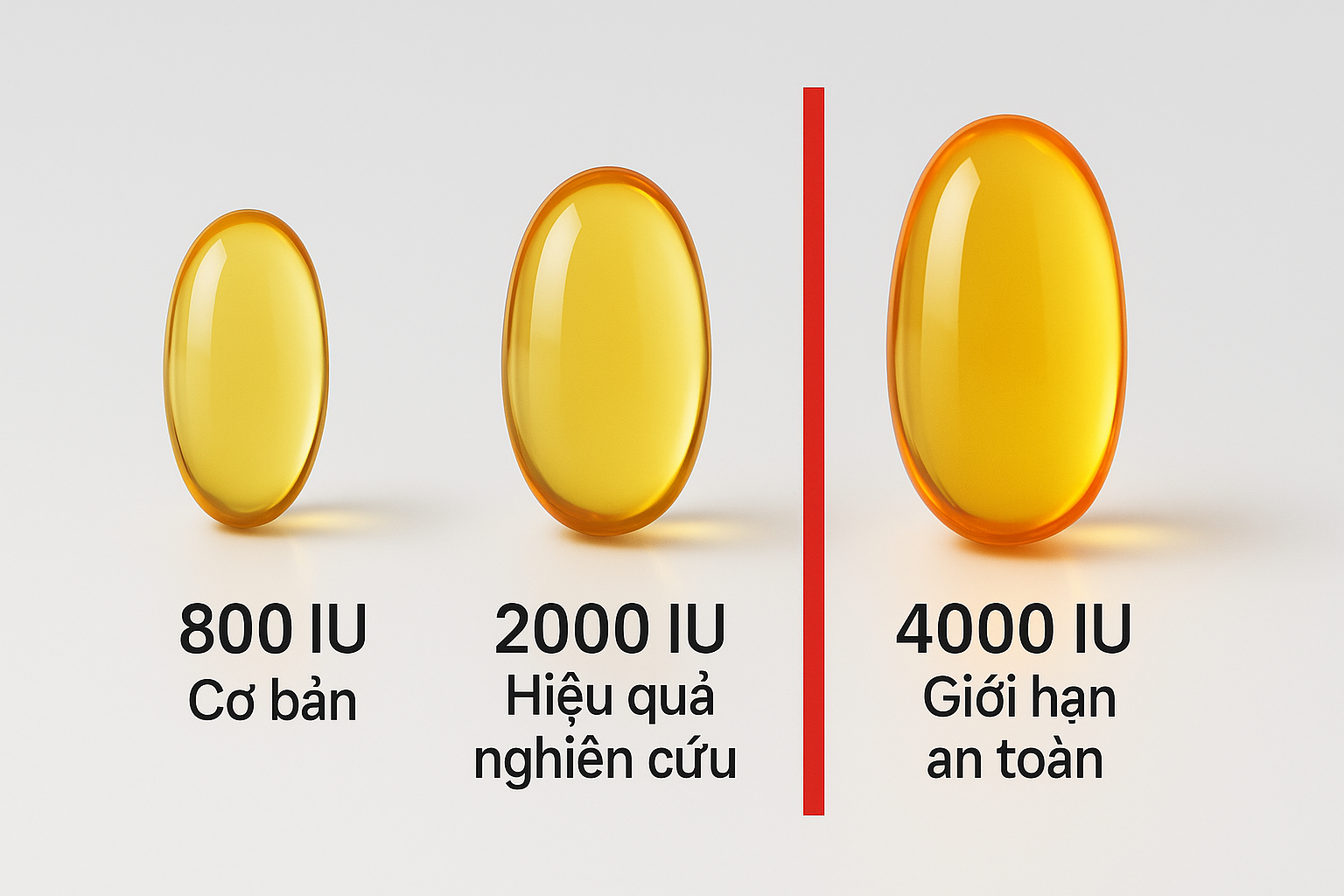 So sánh các mức liều vitamin D3 khác nhau và giới hạn an toàn mỗi ngày.