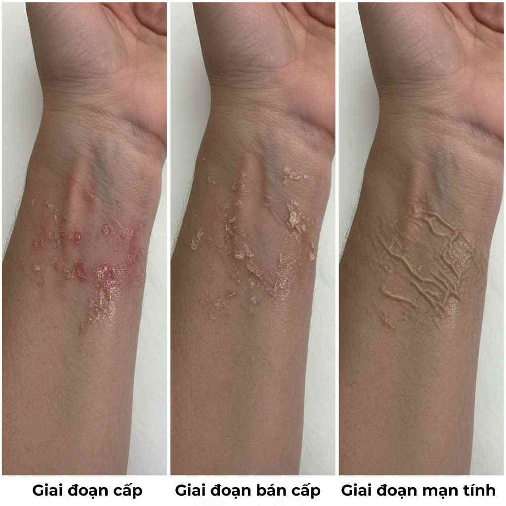 Biểu hiện của viêm da tiếp xúc dị ứng thay đổi qua các giai đoạn từ cấp tính đến mạn tính.