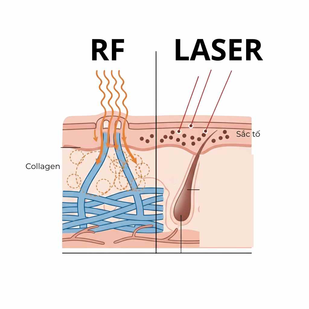  Sơ đồ so sánh cơ chế tác động của sóng RF và laser trên da, làm rõ vì sao RF facial an toàn cho mọi tông da.