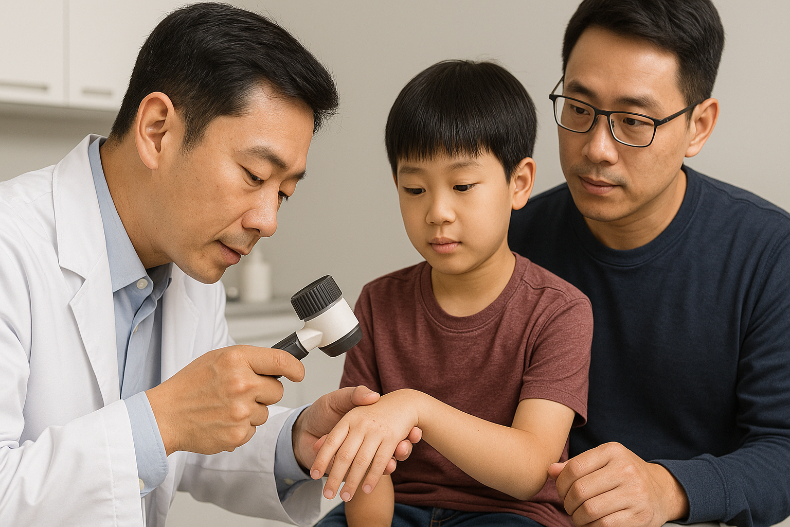 Bác sĩ da liễu kiểm tra mụn cóc ở tay trẻ em bằng thiết bị soi da