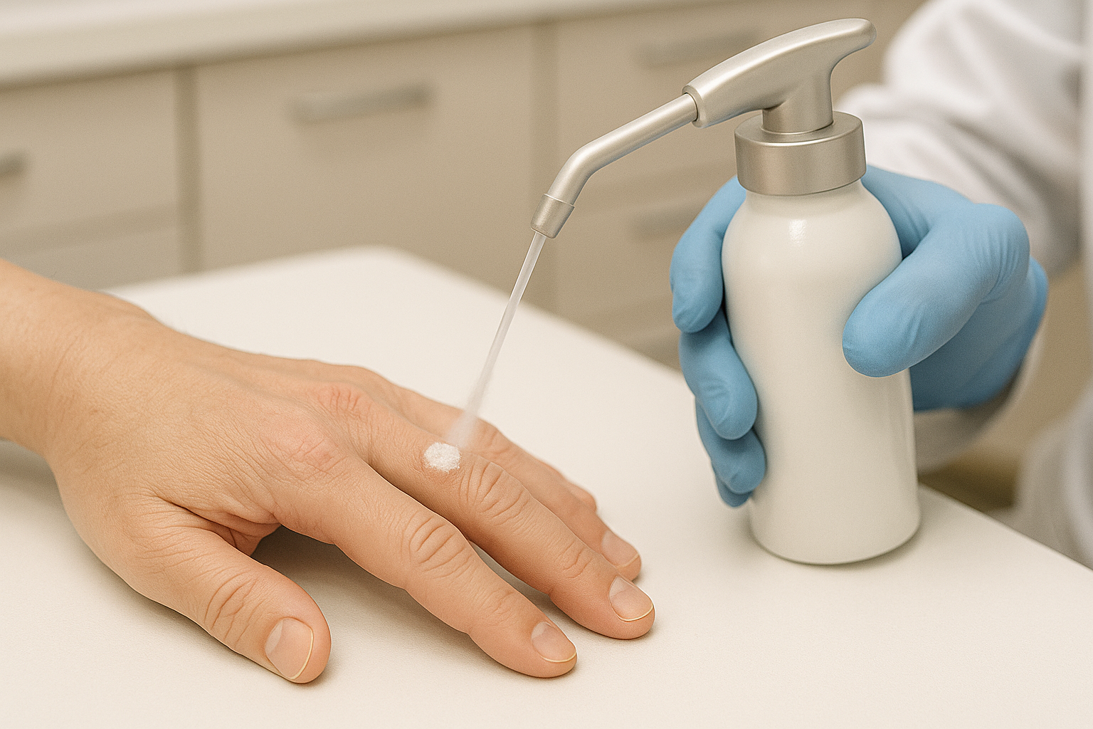 Bác sĩ da liễu điều trị mụn cóc ở người lớn bằng áp lạnh nitơ lỏng