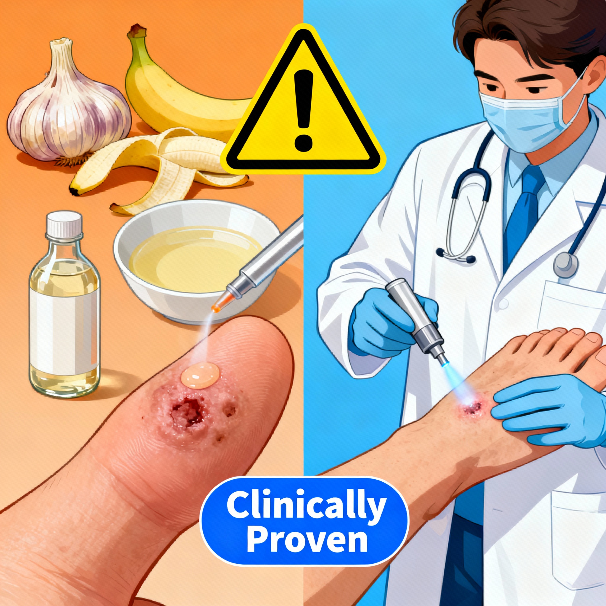 Minh họa so sánh giữa các biện pháp dân gian trị mụn cóc và phương pháp y khoa đã được chứng minh
