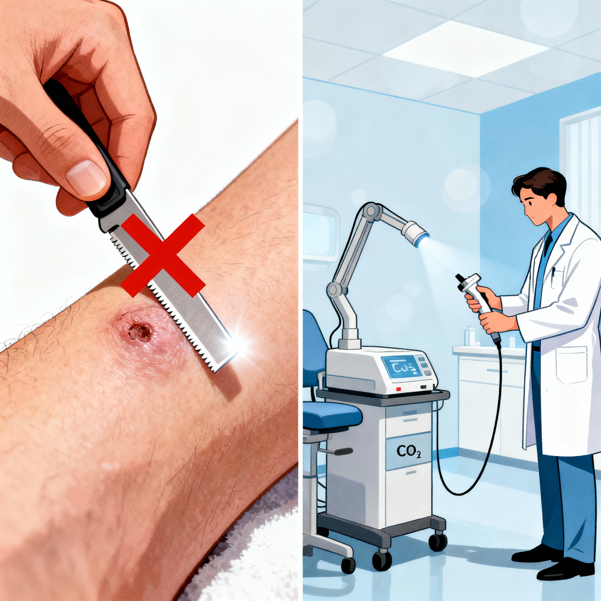 Minh họa so sánh việc tự cắt/đốt mụn cóc nguy hiểm với điều trị an toàn bằng laser tại phòng khám