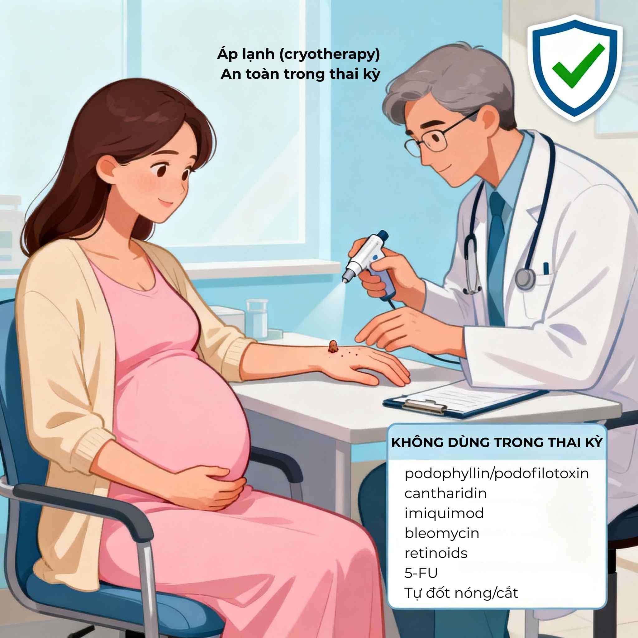 Minh họa thai phụ được bác sĩ da liễu áp lạnh mụn cóc và tránh thuốc độc tế bào