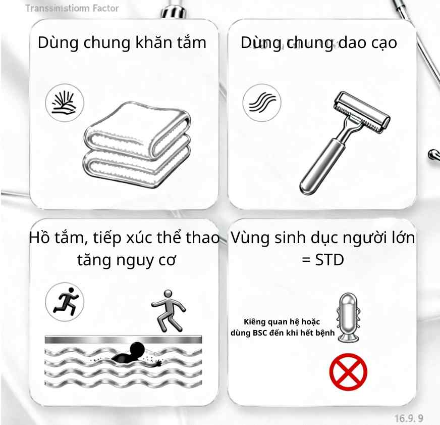 Infographic đường lây u mềm lây: tiếp xúc da-da, dùng chung khăn/dao cạo, tự lây do gãi/cạo; hồ bơi/thể thao là yếu tố thuận lợi; sinh dục ở người lớn được xem như STI.