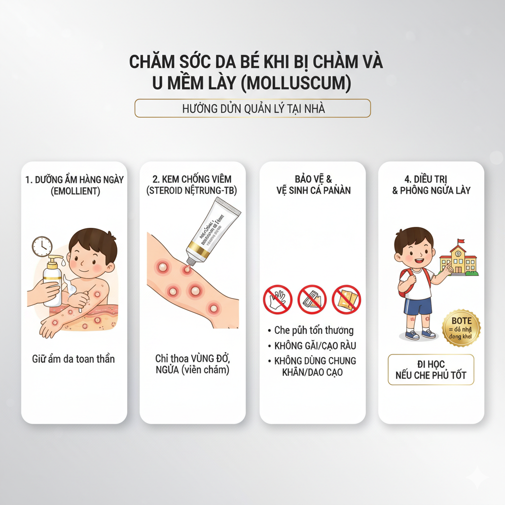 Infographic xử trí eczema molluscatum trong u mềm lây: dưỡng ẩm, steroid tại chỗ nhẹ–trung bình khi bùng phát, che phủ nốt, tránh gãi/cạo, không dùng chung đồ; khung nhỏ giải thích BOTE là đỏ nhẹ báo hiệu đang khỏi.
