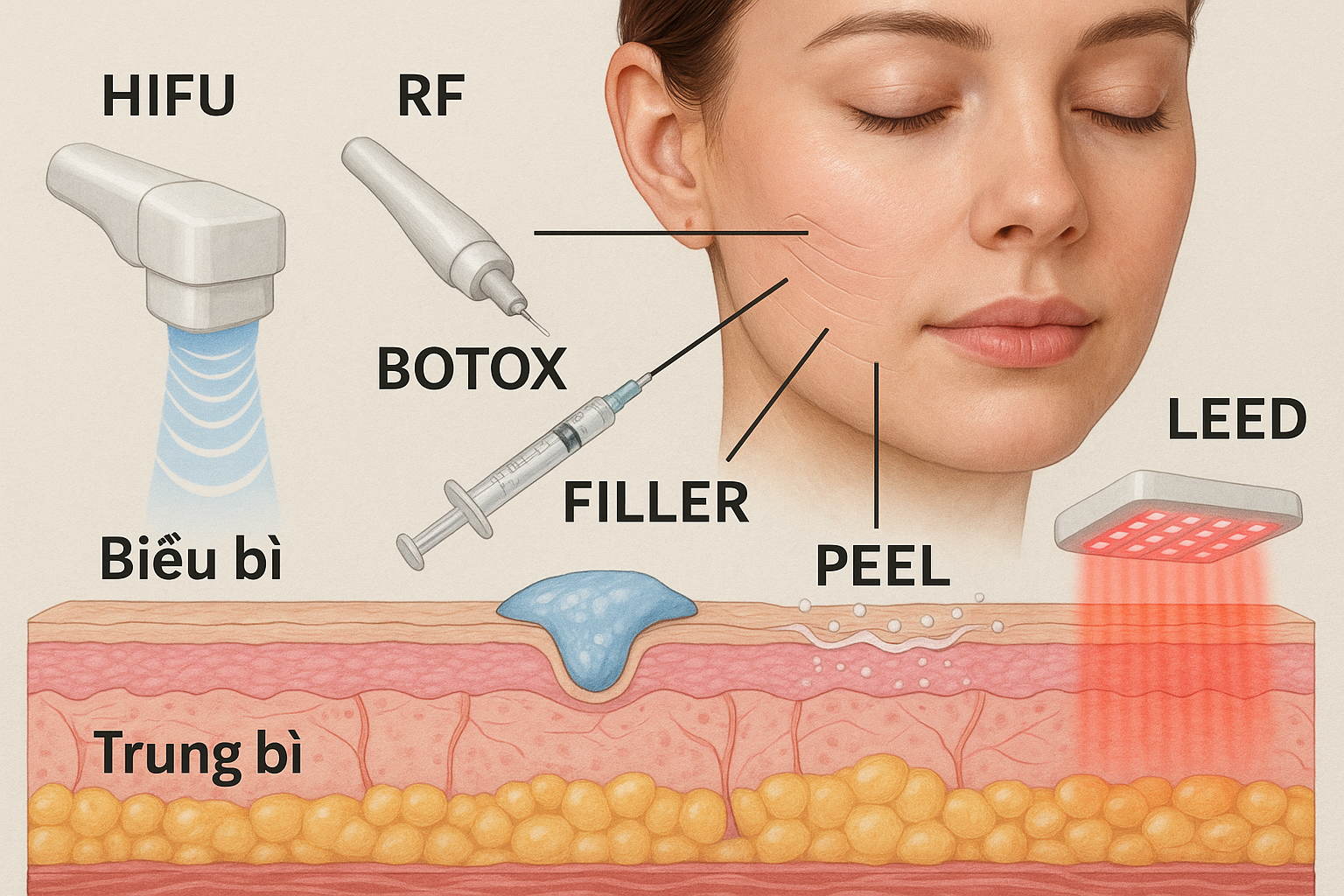 Minh họa phối hợp công nghệ HIFU, RF, Botox, Filler, Laser, Peel, LED trong trẻ hóa da tại Anh Mỹ Clinic