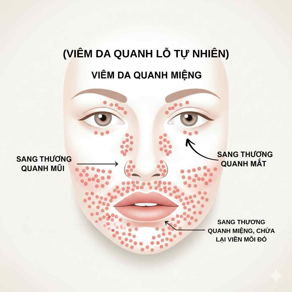  Sơ đồ POD: sẩn nhỏ đơn dạng quanh miệng, có thể lan quanh mũi/mắt, chừa viền môi, không có comedone.