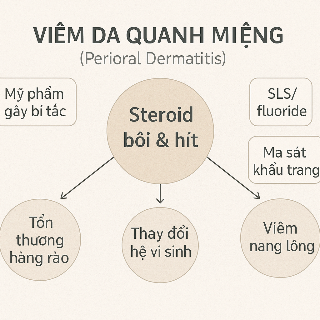  Infographic nguyên nhân viêm da quanh miệng: steroid bôi/hít/xịt dẫn tới tổn thương hàng rào và viêm quanh nang; kèm tác nhân mỹ phẩm bít, SLS/fluoride, ma sát khẩu trang, nắng gió, hormone, Demodex.