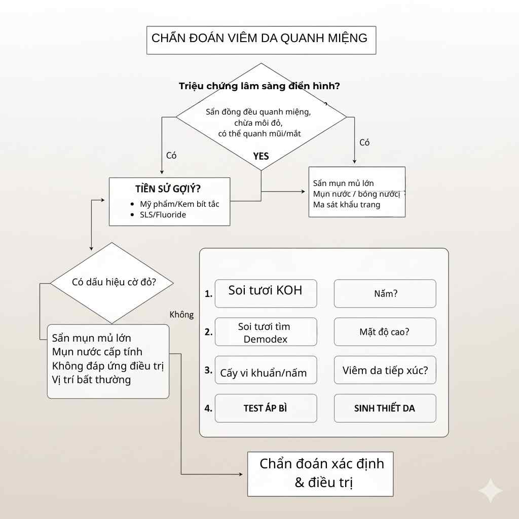  Lưu đồ chẩn đoán viêm da quanh miệng dựa lâm sàng, kèm nhánh chỉ định KOH, test Demodex, cấy khuẩn, patch test và sinh thiết khi không điển hình.