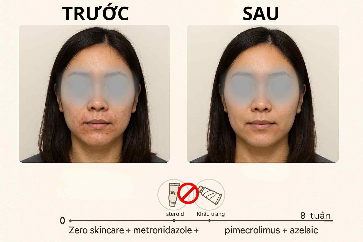Ca nữ 28 tuổi viêm da quanh miệng: trước điều trị có sẩn li ti chừa viền môi; sau 8 tuần với zero skincare, metronidazole, pimecrolimus và azelaic, tổn thương cải thiện ~90%.