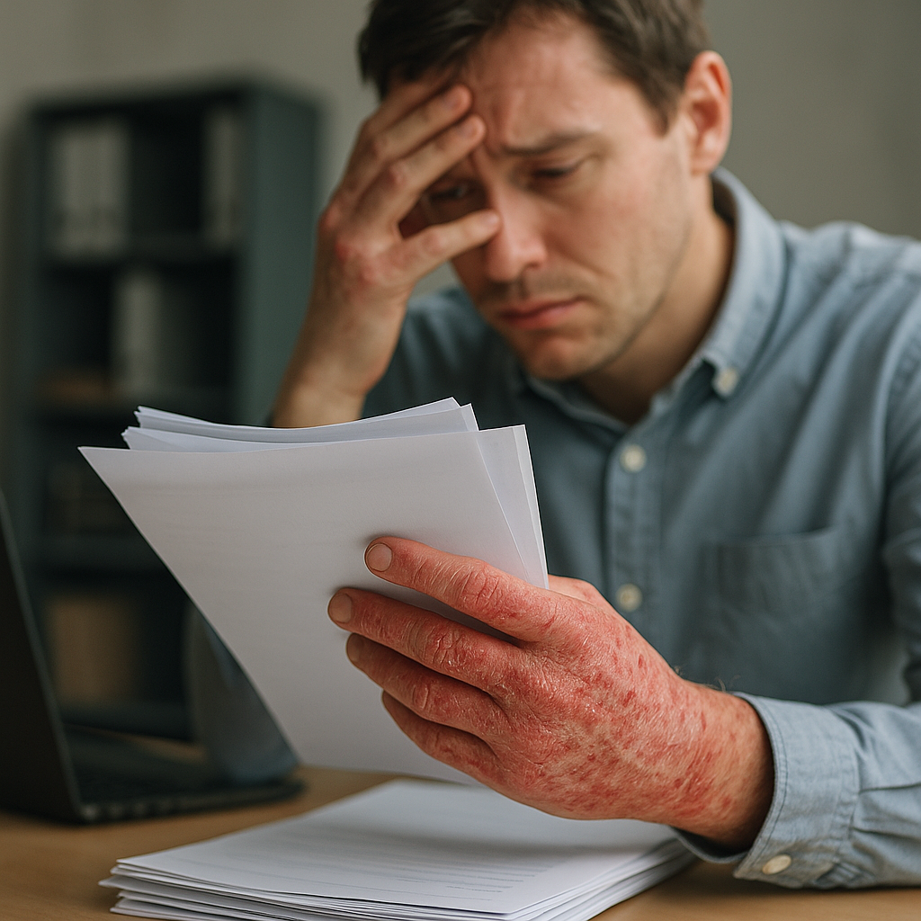 Người bệnh chàm tay bị nứt nẻ, đau rát khi làm việc văn phòng.