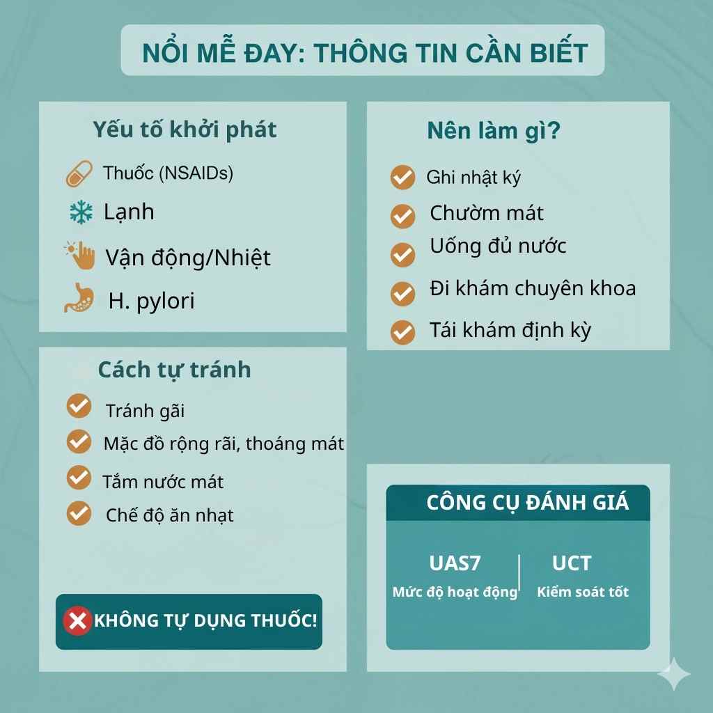Infographic tác nhân khởi phát mày đay (NSAIDs, lạnh, áp lực, gắng sức, H. pylori) và các bước tự tránh, theo dõi UAS7/UCT