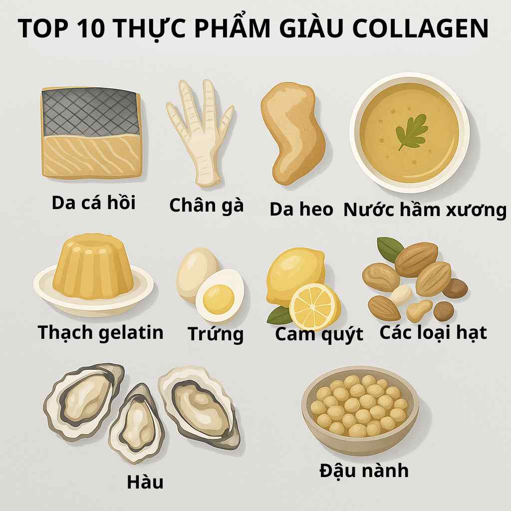 Ảnh flat-lay liệt kê 10 thực phẩm giàu collagen gồm da cá, chân gà, nước hầm xương, gelatin, trái cây giàu vitamin C và hạt giàu kẽm.