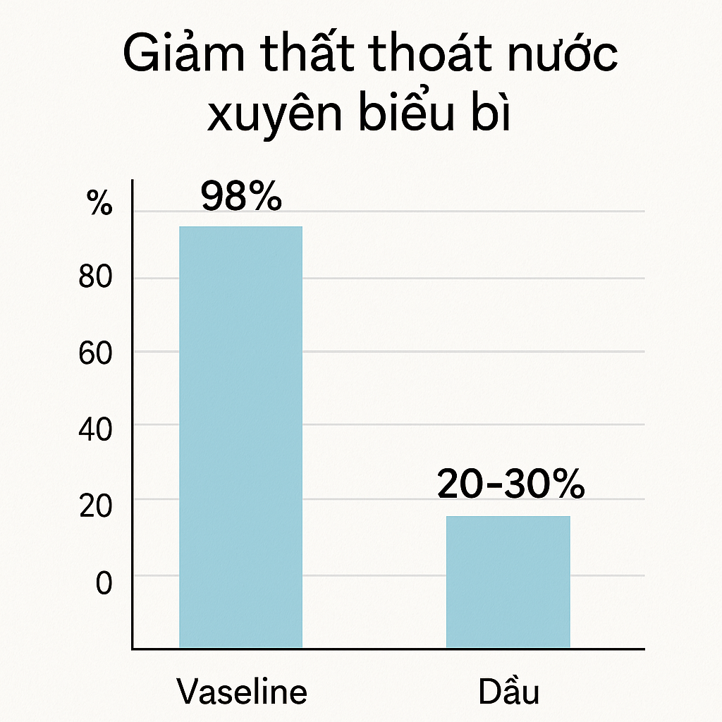 Biểu đồ TEWL giảm 98% khi dùng petrolatum so với dầu tự nhiên.