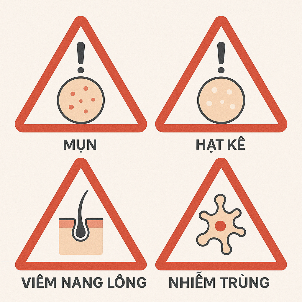 Biểu tượng cảnh báo bít tắc lỗ chân lông và milia quanh mắt.