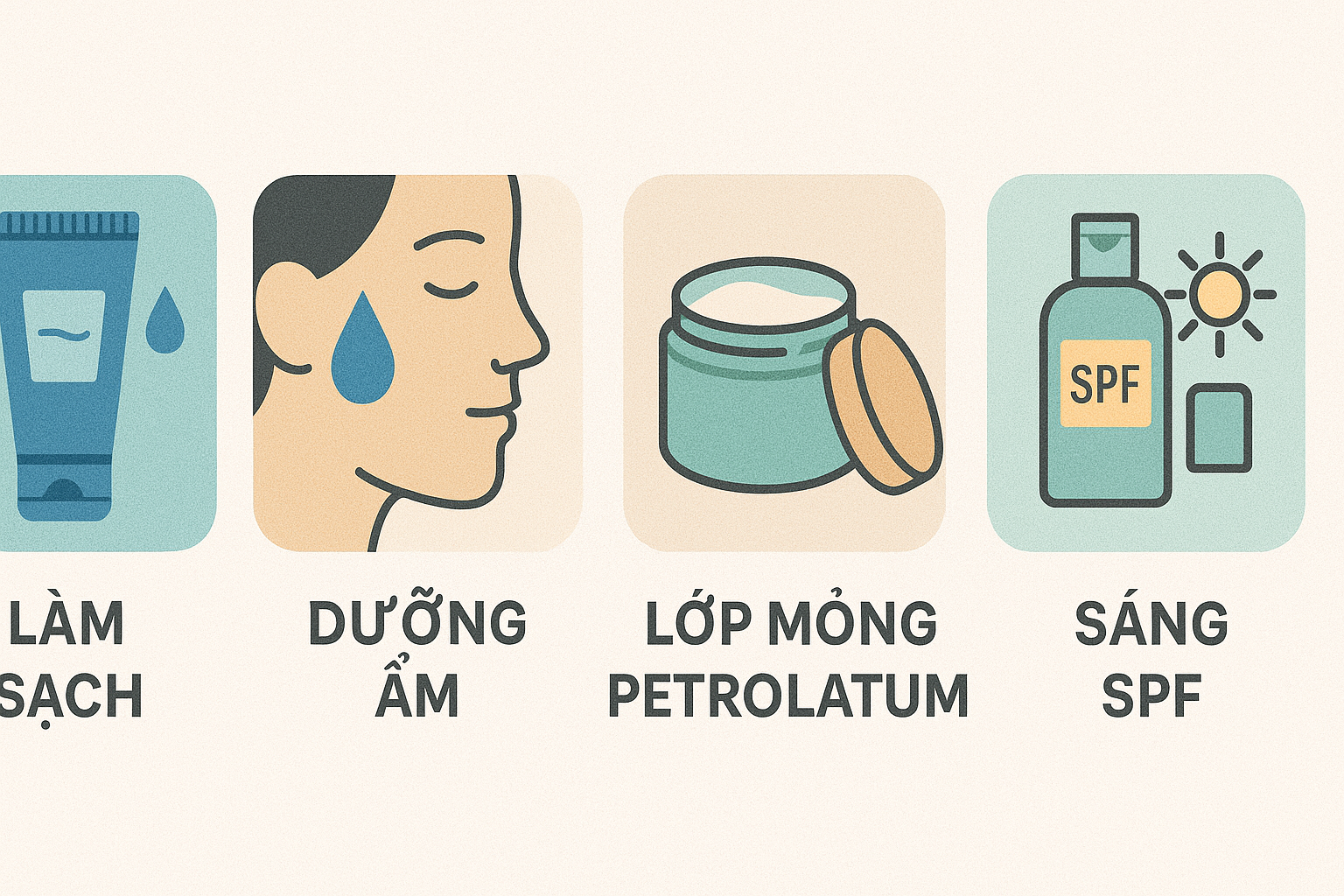 Quy trình 4 bước: làm sạch – cấp ẩm – khóa ẩm – SPF sáng