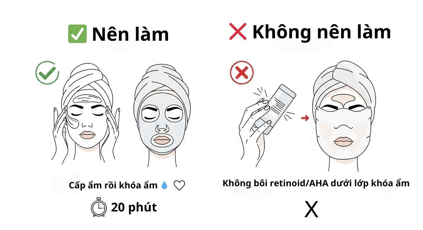 Bảng “nên & không nên” giữa retinoid/AHA/BHA và petrolatum.