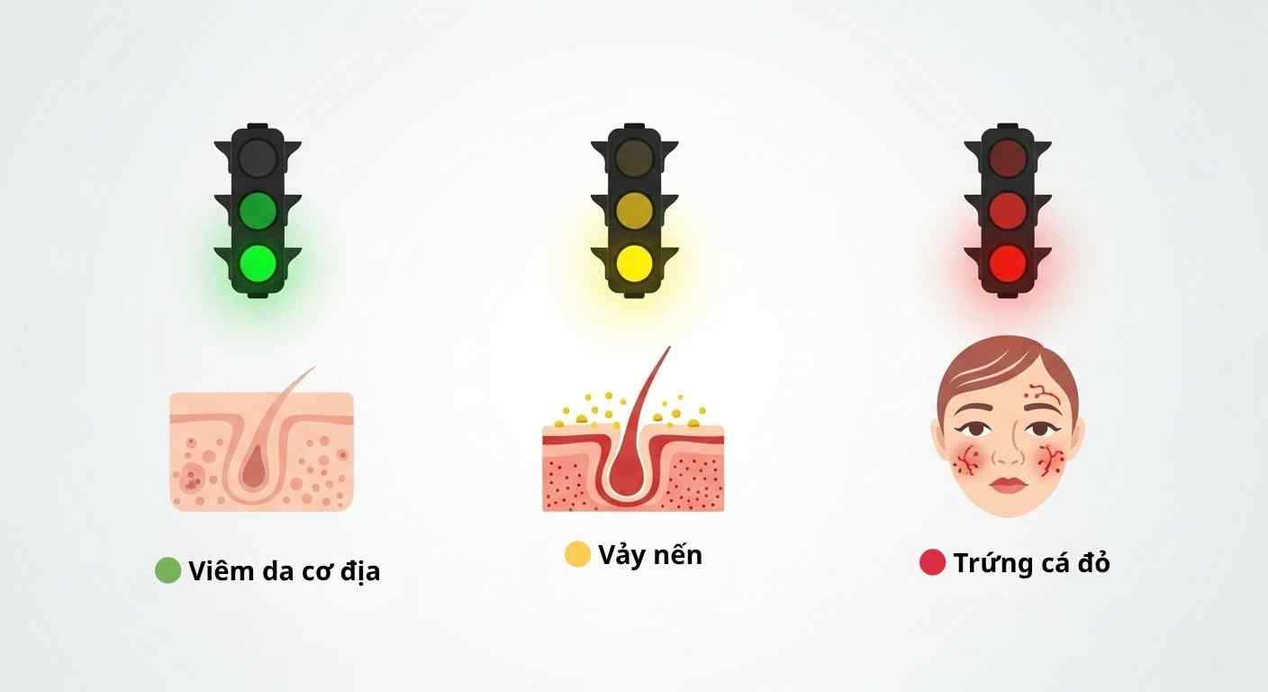 Biểu tượng eczema, vảy nến, rosacea với tín hiệu đèn giao thông.