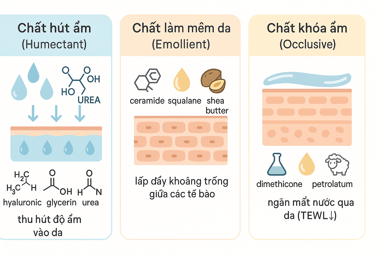 Sơ đồ ba nhóm: humectant – emollient – occlusive.