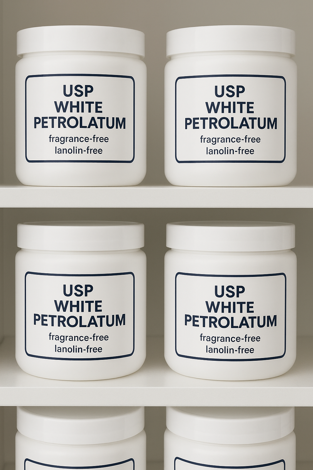 Lọ petrolatum USP-grade, nhãn “fragrance-free, lanolin-free”.