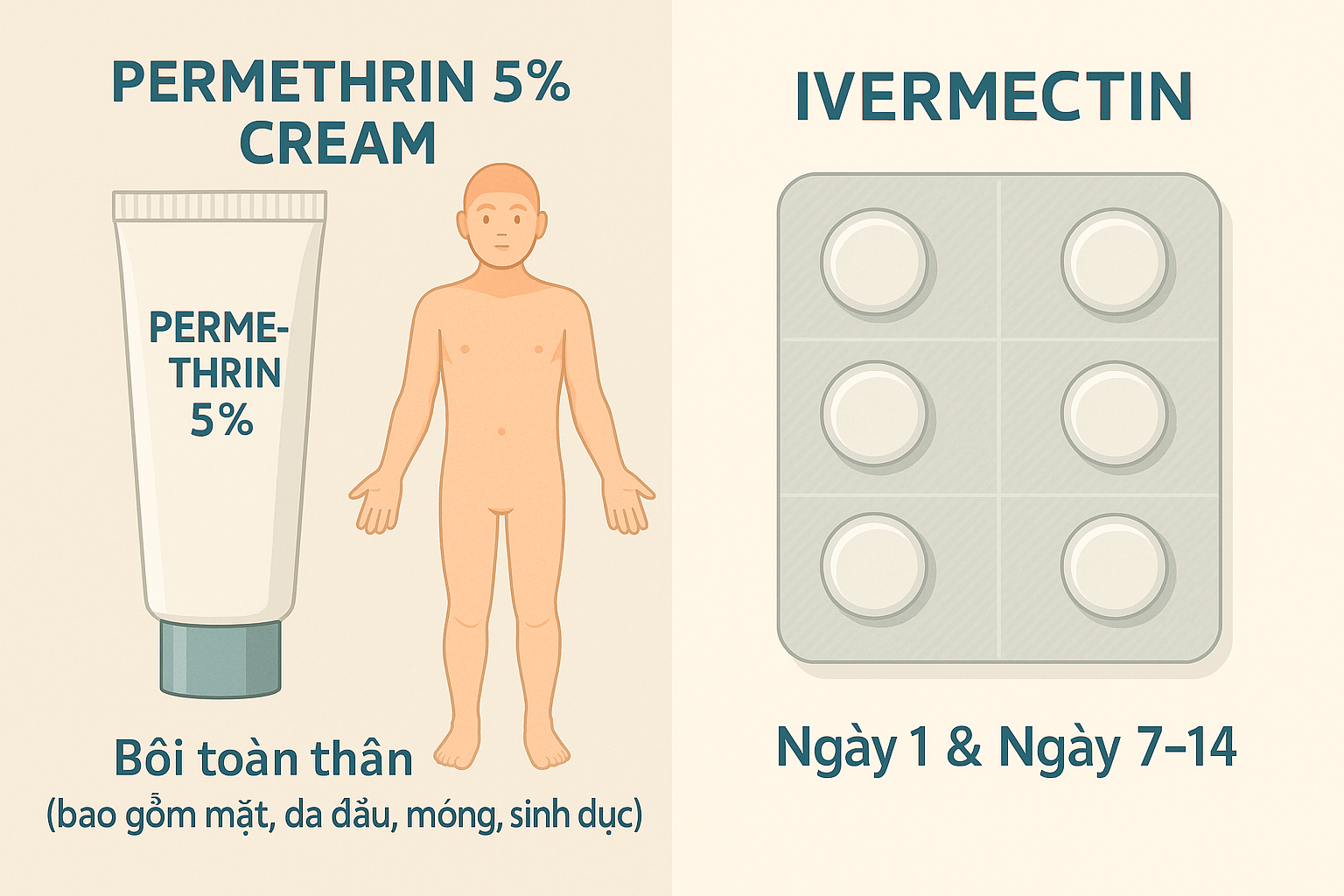 Phác đồ chuẩn * bệnh ghẻ* — permethrin 5% bôi toàn thân và ivermectin 2 liều cách 7–14 ngày