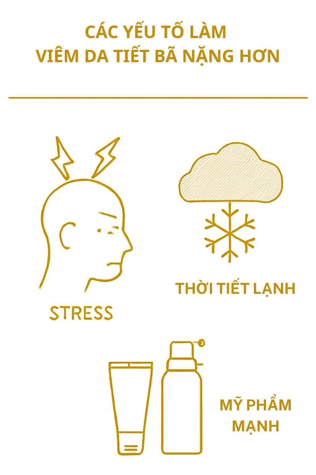 Infographic các yếu tố làm viêm da tiết bã nặng hơn như stress, thời tiết lạnh và mỹ phẩm mạnh.