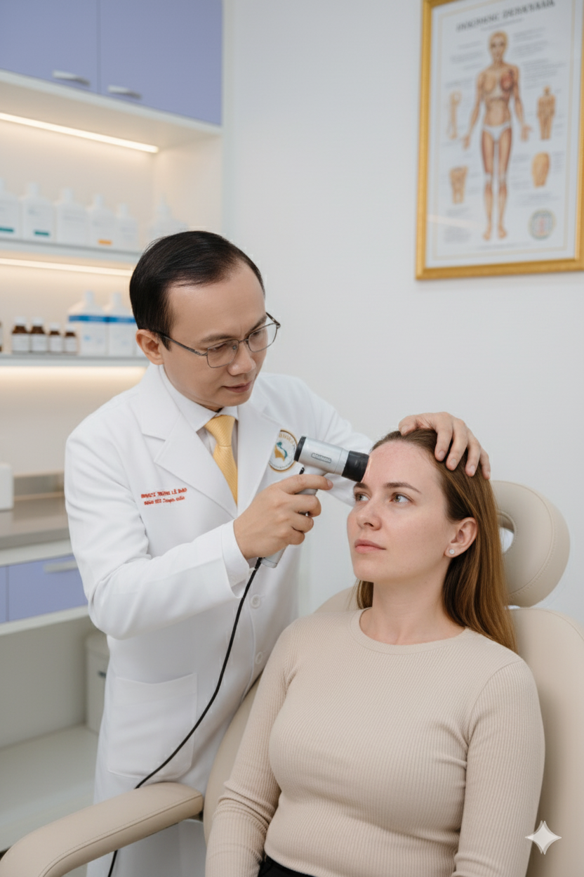 Bác sĩ da liễu kiểm tra vùng da đầu và mặt để chẩn đoán viêm da tiết bã.