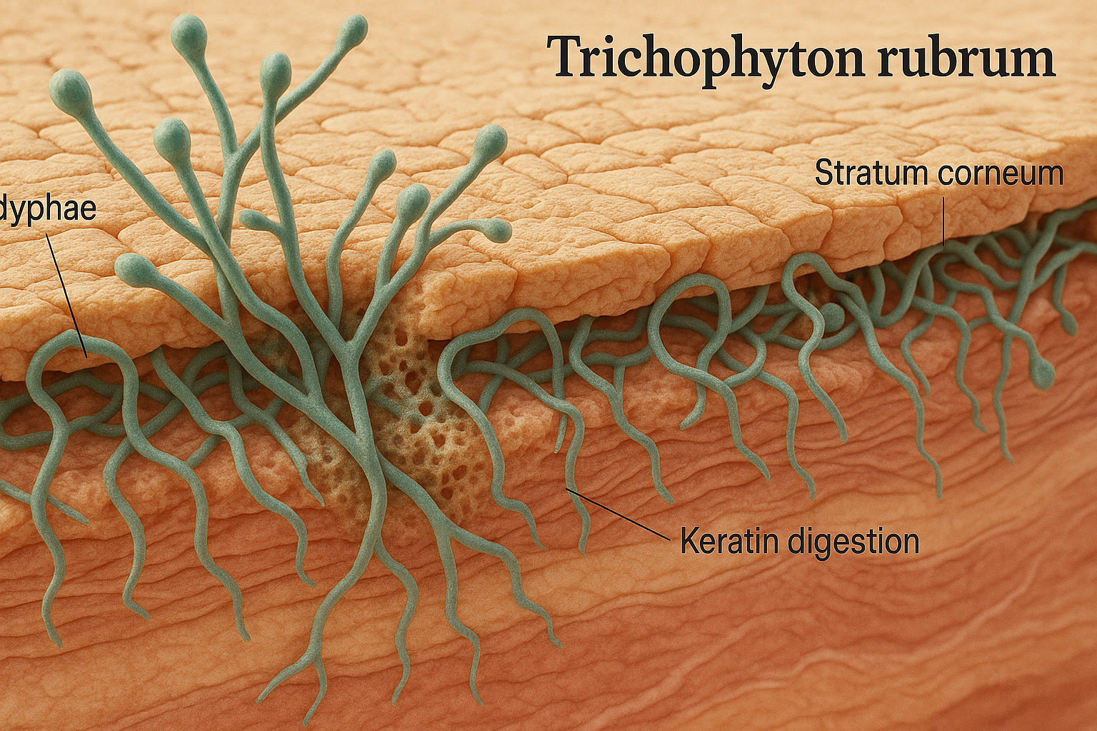Cấu trúc vi nấm dermatophyte xâm nhập lớp sừng gây nhiễm nấm da (tinea corporis).