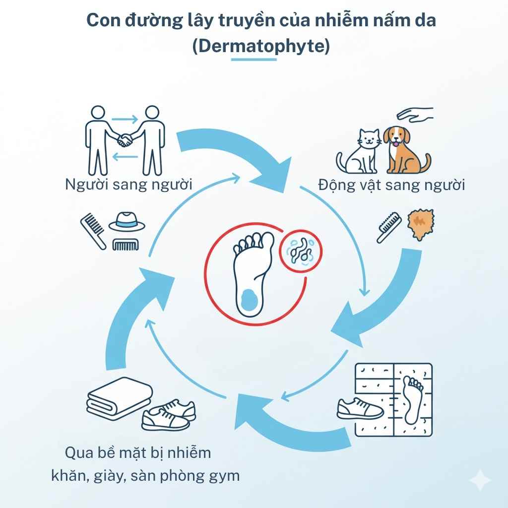 Sơ đồ minh họa các con đường lây nhiễm nấm da: tiếp xúc trực tiếp, vật trung gian và môi trường ẩm.