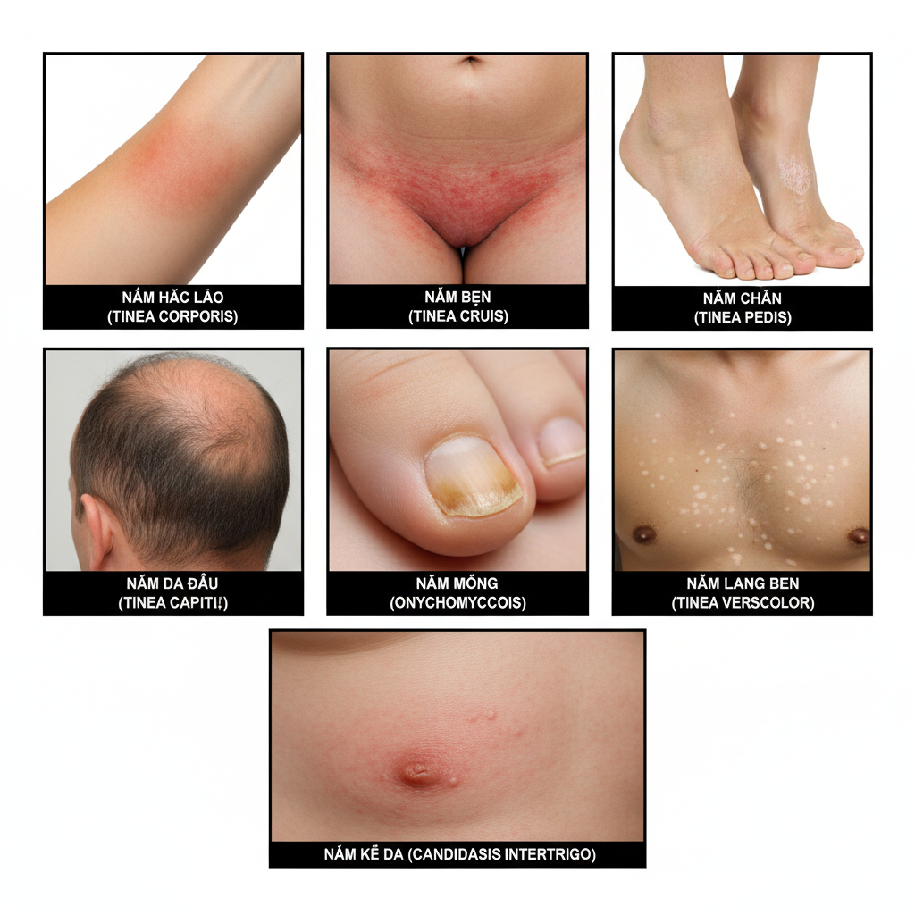 Tổng hợp hình ảnh các thể nhiễm nấm da: thân, bẹn, chân, da đầu, móng, lang ben và Candida.