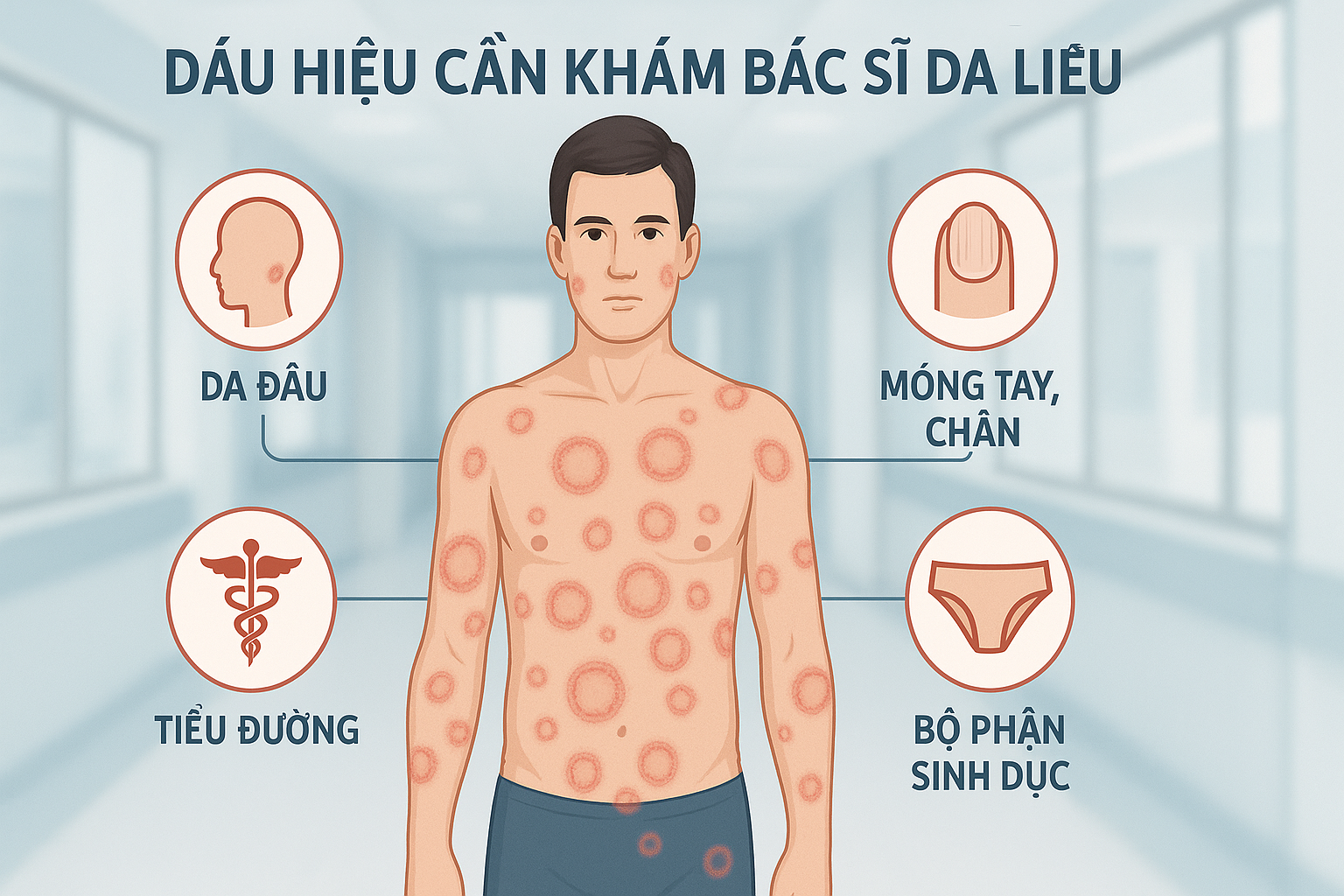 Infographic minh họa các dấu hiệu cần khám bác sĩ Da liễu khi nghi nhiễm nấm da lan rộng hoặc tái phát.
