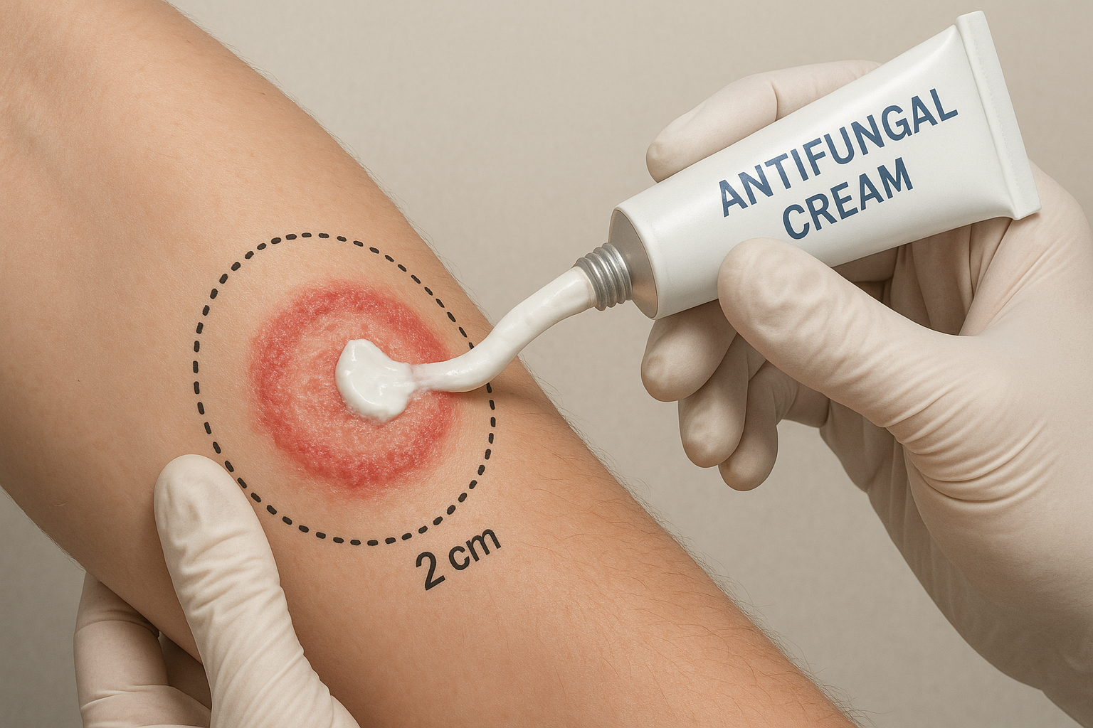 Minh họa cách bôi thuốc kháng nấm đúng kỹ thuật: bôi vượt rìa tổn thương 2 cm, 2 lần/ngày.