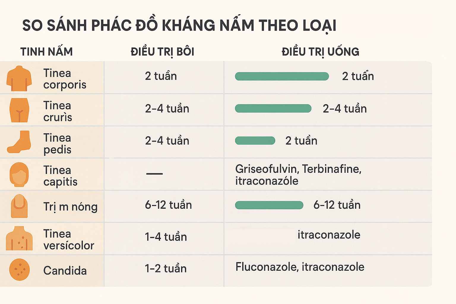 Infographic tổng hợp phác đồ điều trị nhiễm nấm da theo từng thể bệnh: thuốc bôi, thuốc uống, thời gian và lưu ý.