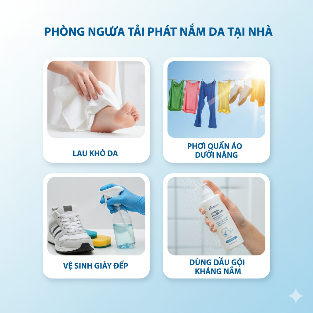 Infographic hướng dẫn chăm sóc và phòng ngừa tái phát nhiễm nấm da tại nhà.