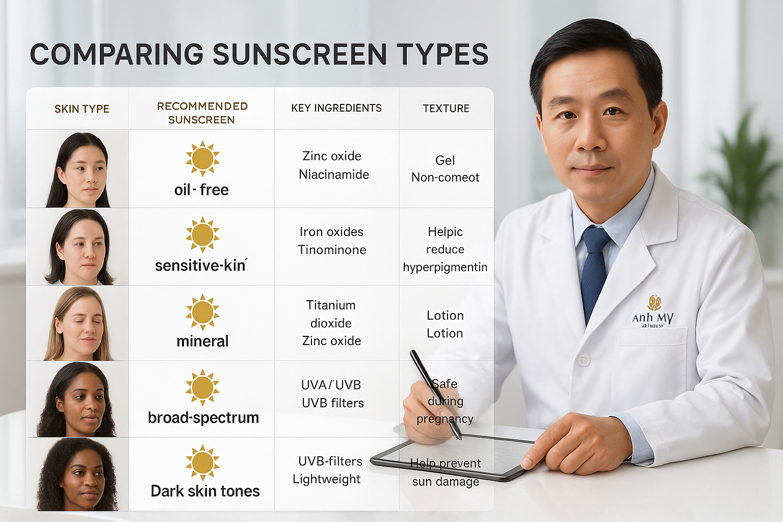 ma-tran-chon-kem-chong-nang-theo-loai-da_hq5nms.png Infographic ma trận so sánh các loại kem chống nắng theo loại da mụn, nám, nhạy cảm và thai kỳ.