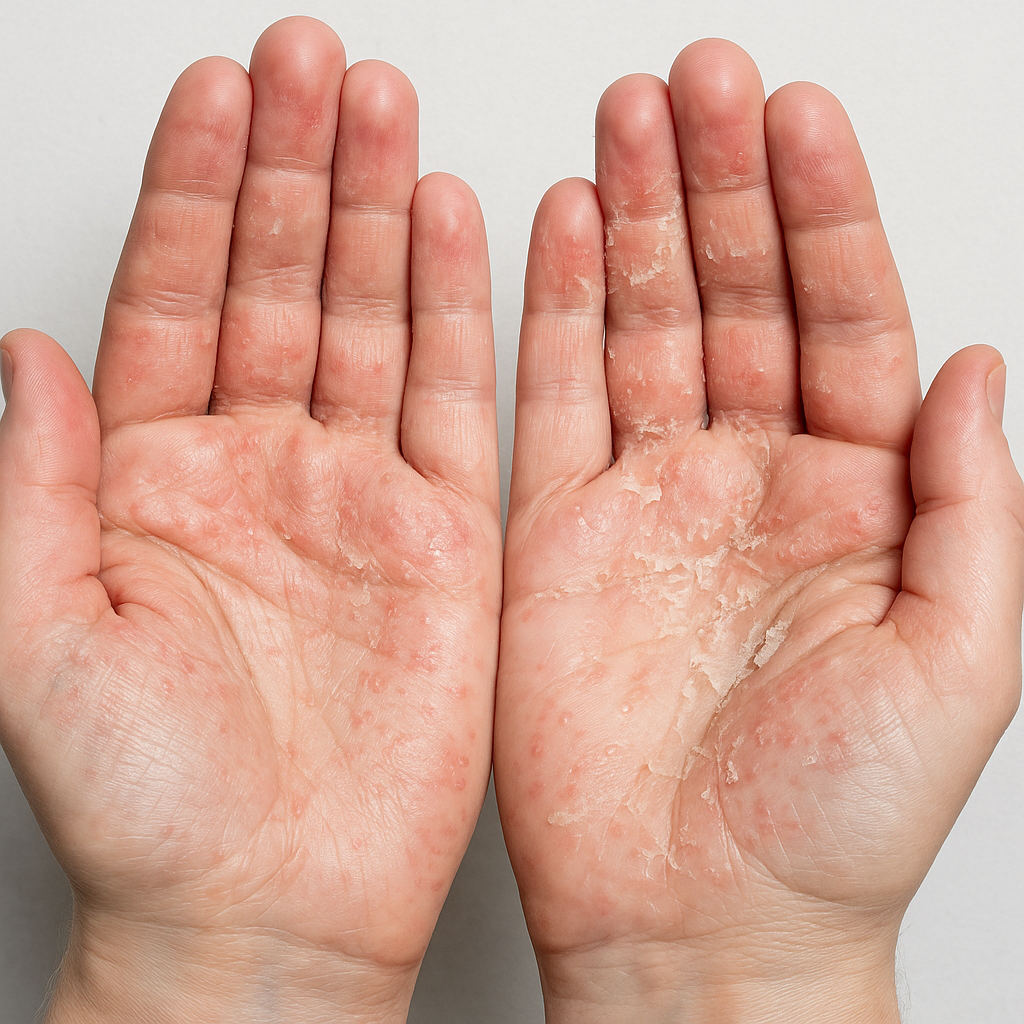 cham-to-dia-la-gi-hinh-anh-long-ban-tay-2_h3ajmr.png Cận cảnh bàn tay bị chàm tổ đĩa với mụn nước nhỏ và da bong vảy – hình minh họa y khoa tại Anh Mỹ Clinic.