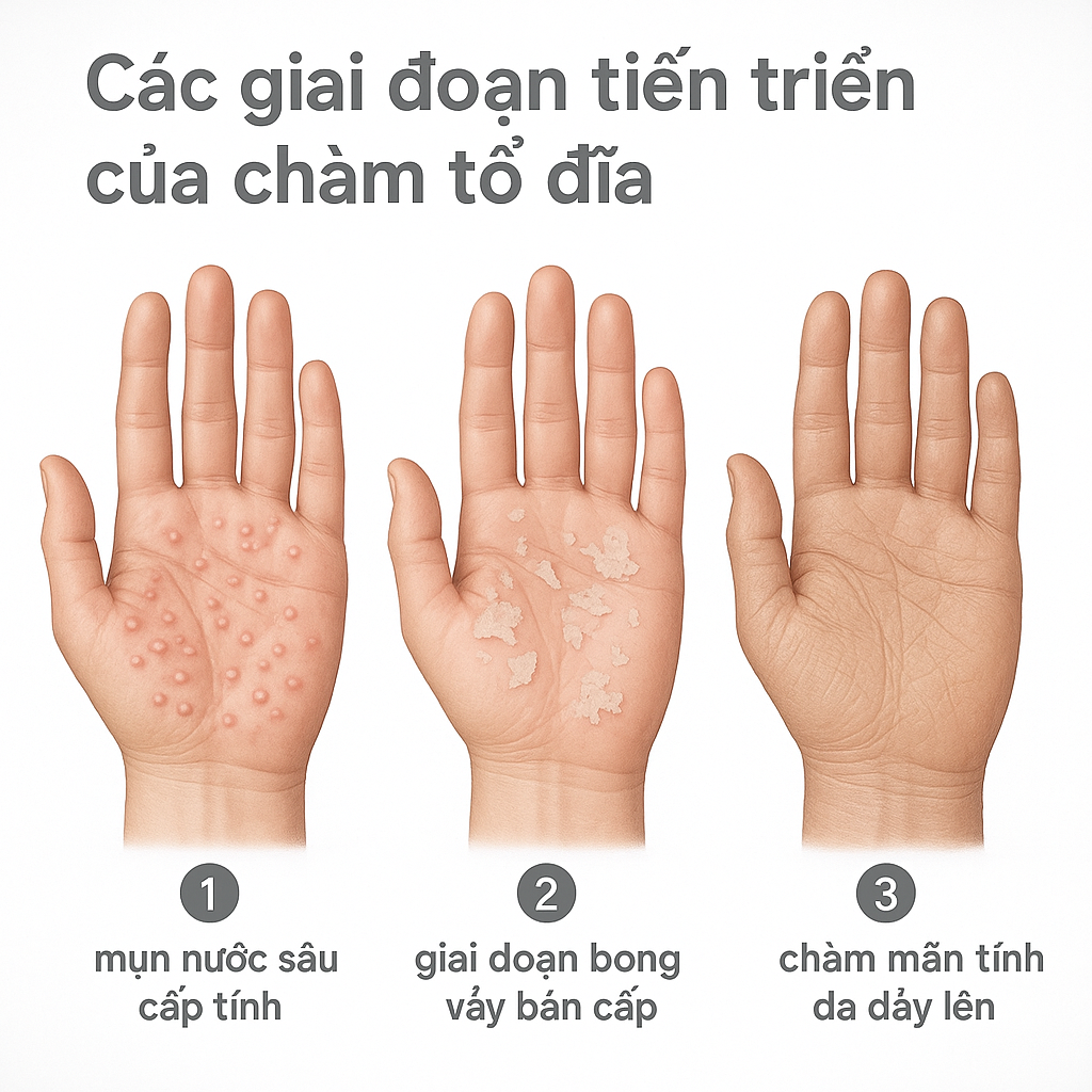 cac-giai-doan-cham-to-dia_rjeusw.png Sơ đồ minh họa ba giai đoạn tiến triển của chàm tổ đĩa trên lòng bàn tay và bàn chân.