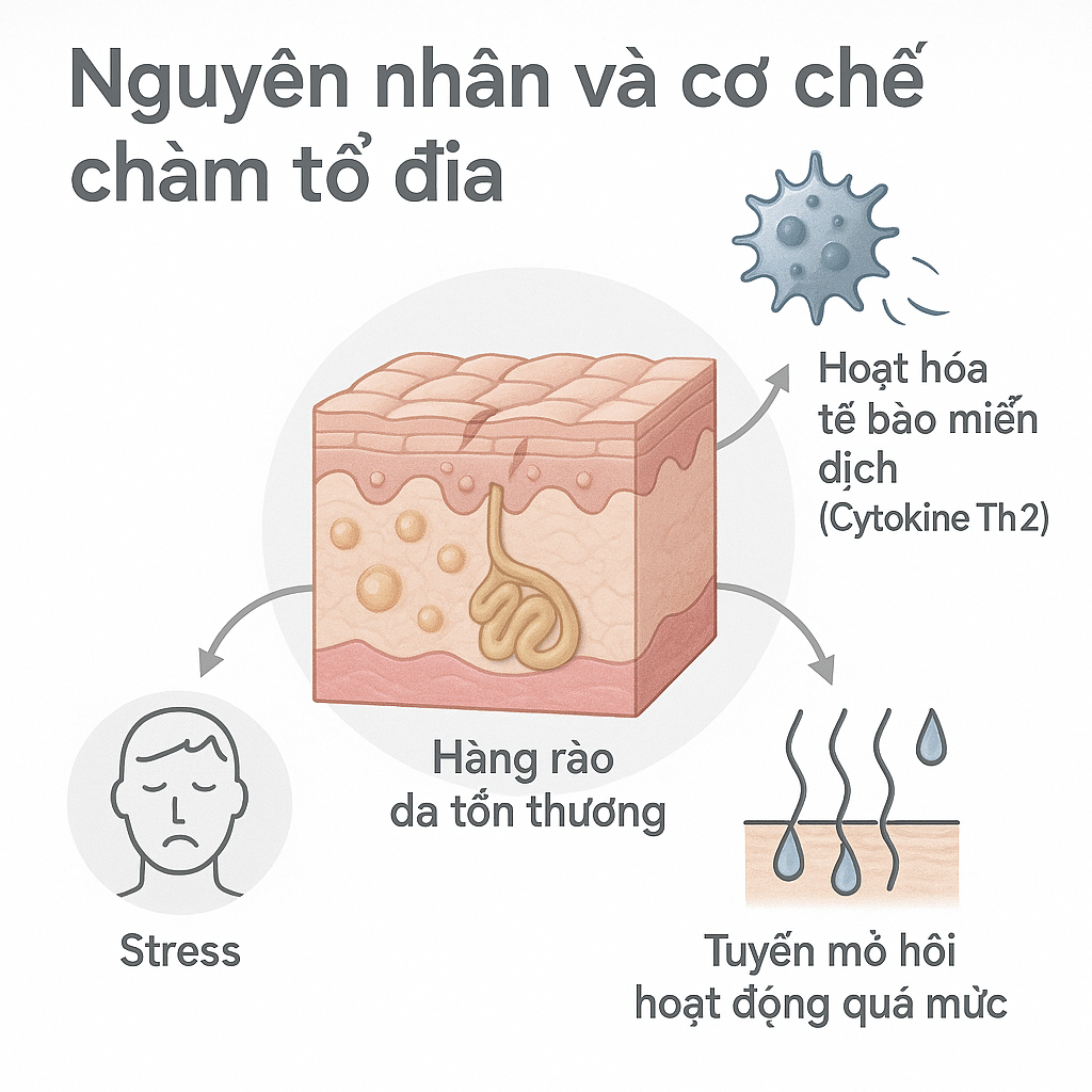 nguyen-nhan-cham-to-dia_tbuwys.png Sơ đồ minh họa cơ chế sinh bệnh học của chàm tổ đĩa: hàng rào da tổn thương, phản ứng miễn dịch và yếu tố môi trường.